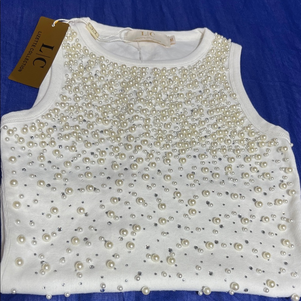 Classy cream  Pearl & Rhinestone Embellished Tank